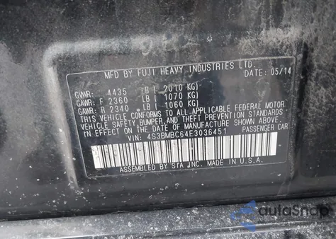 2014 Subaru Legacy 2.5I Premium z USA, uszkodzony, nr VIN 4S3BMBC64E3036451